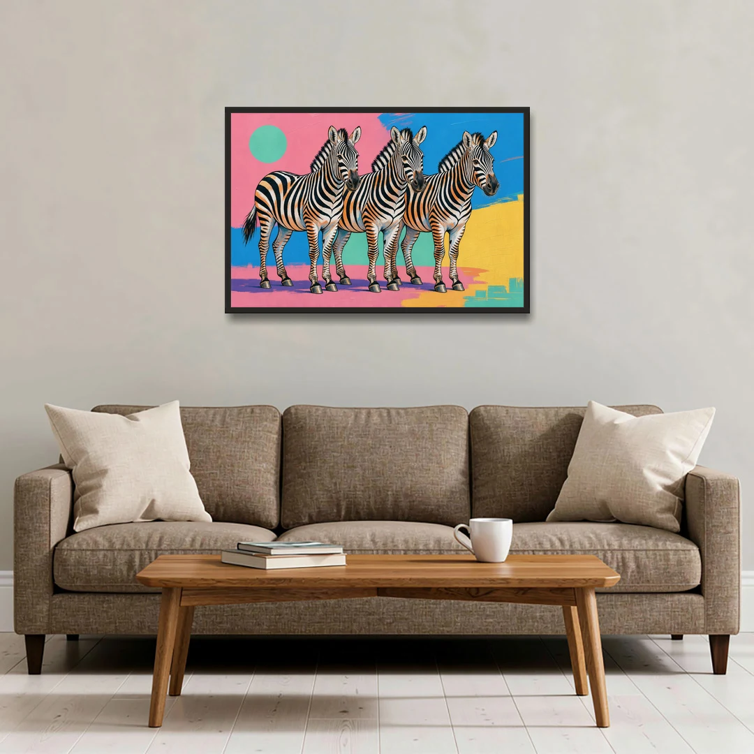 Zebra Pop Art Trio for the Living Room - Black Framed Canvas Wall Art - Sofa - 36x24