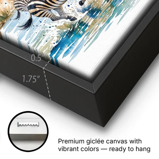 Zebra Watercolor Painting River Crossing - Black Framed Canvas Wall Art - Gallery Wrap Corner