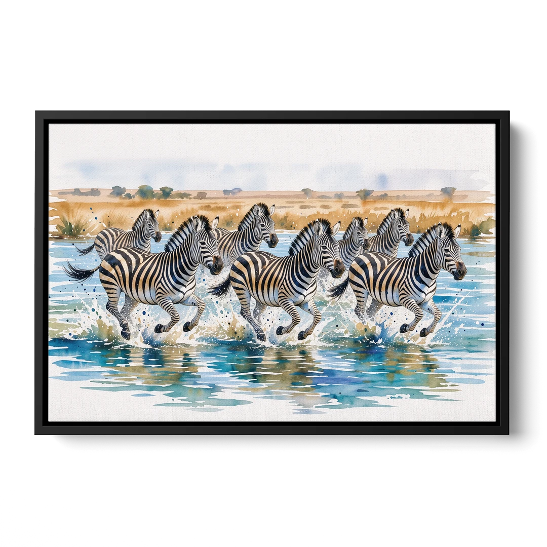 Zebra Watercolor Painting River Crossing - Black Framed Canvas Wall Art - Front