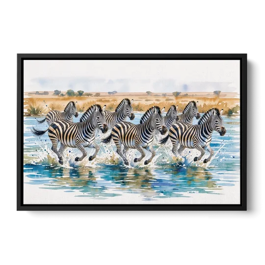 Zebra Watercolor Painting River Crossing - Black Framed Canvas Wall Art - Front