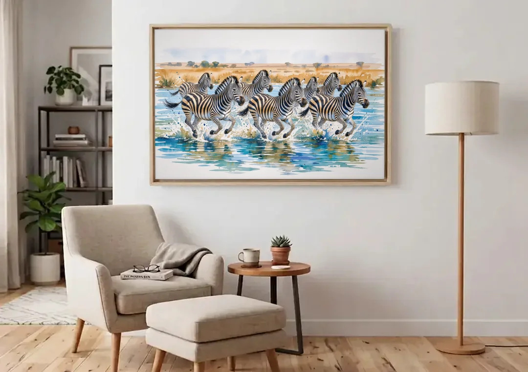 Zebra Watercolor Painting River Crossing canvas wall art above an armchair in a bright living room
