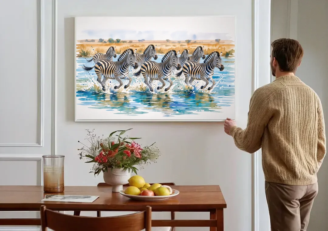 Zebra Watercolor Painting River Crossing canvas wall art above a dining table