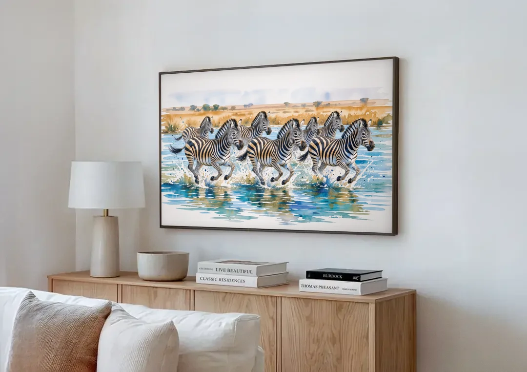 Zebra Watercolor Painting River Crossing canvas wall art above a wooden sideboard next to a sofa