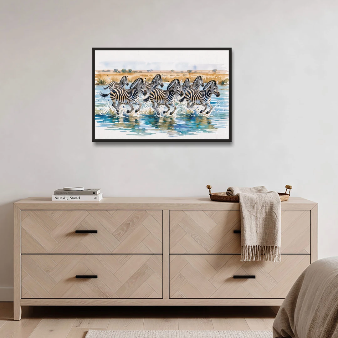 Zebra Watercolor Painting River Crossing - Black Framed Canvas Wall Art - Coffee Table - 36x24