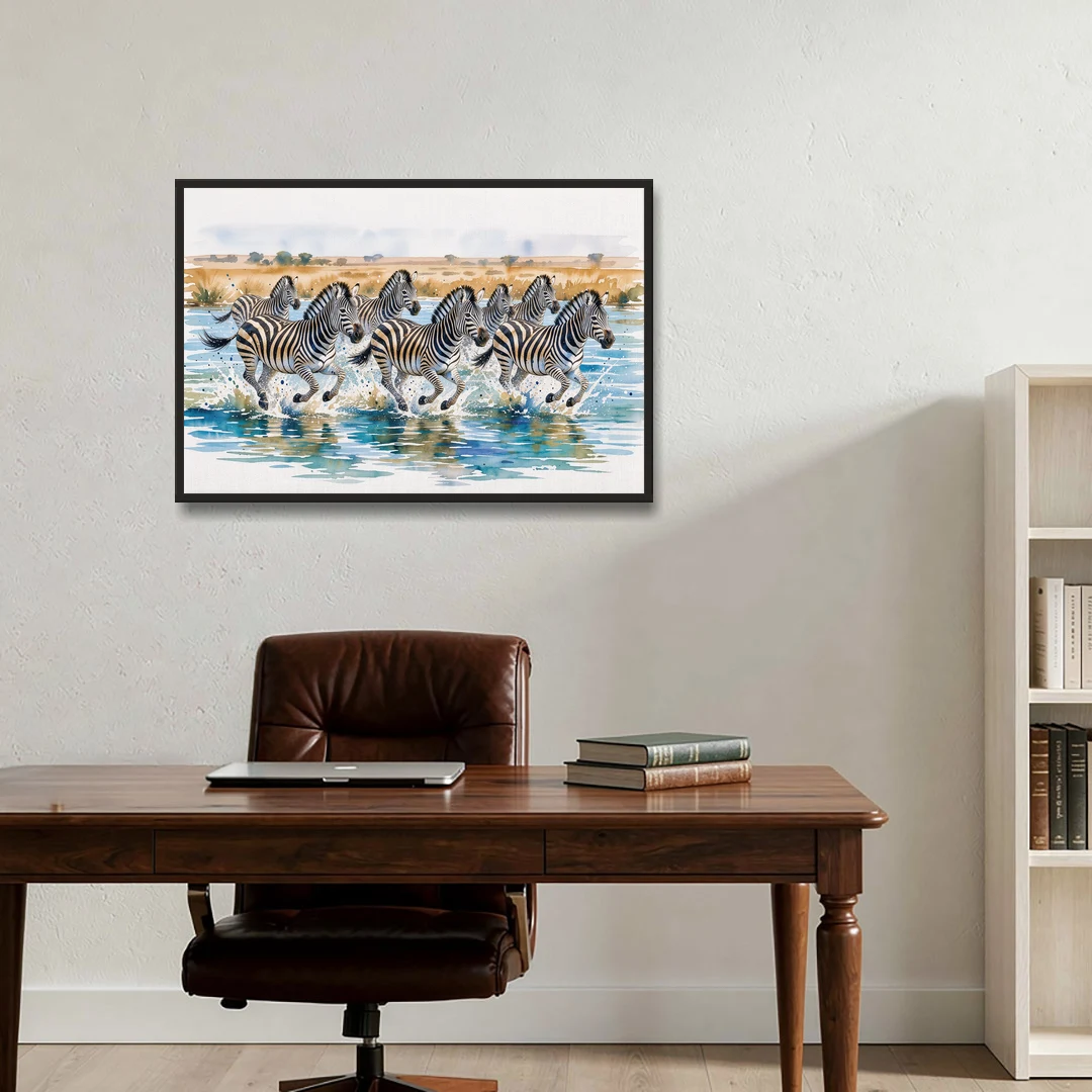 Zebra Watercolor Painting River Crossing - Black Framed Canvas Wall Art - Office - 36x24