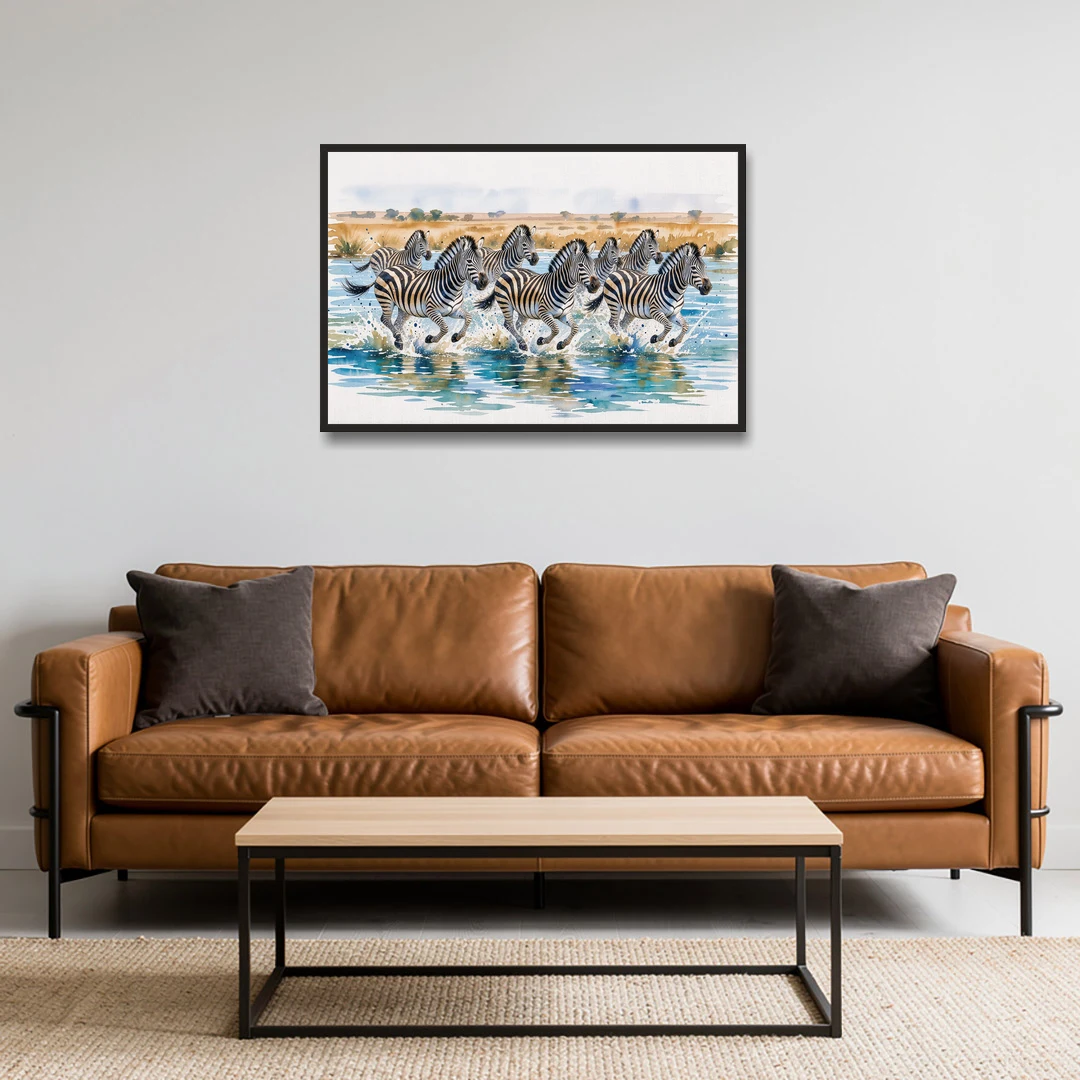 Zebra Watercolor Painting River Crossing - Black Framed Canvas Wall Art - Sofa - 36x24