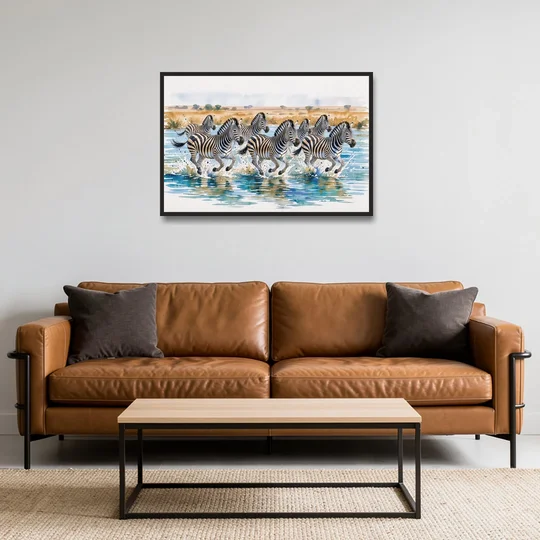 Zebra Watercolor Painting River Crossing - Black Framed Canvas Wall Art - Sofa - 36x24