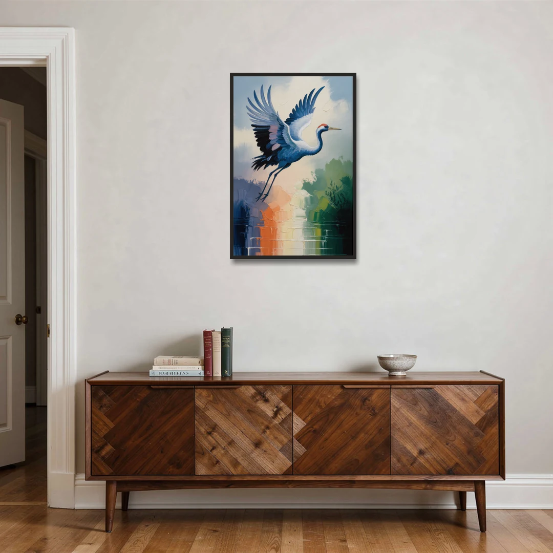 Zen Crane Calm - Black Framed Canvas Wall Art - Coffee Table - 24x36