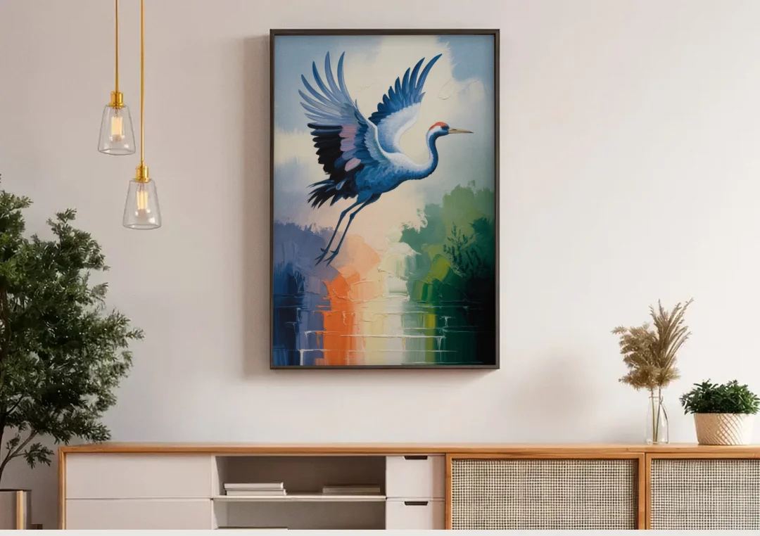 Zen Crane Calm canvas wall art above a wooden sideboard under pendant lights