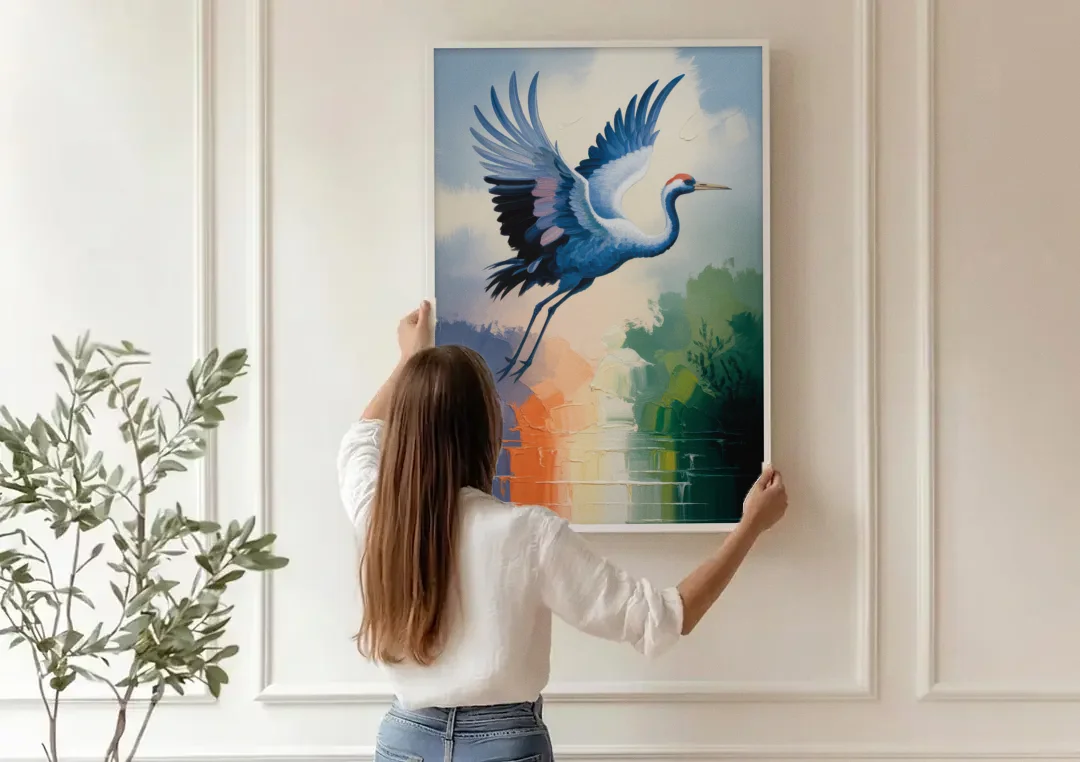 Zen Crane Calm canvas wall art being hung on a paneled wall
