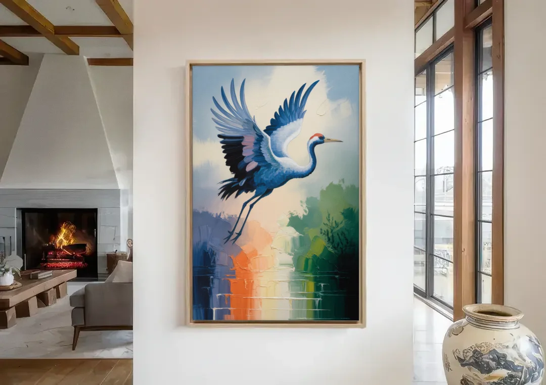 Zen Crane Calm canvas wall art in a living room with a fireplace