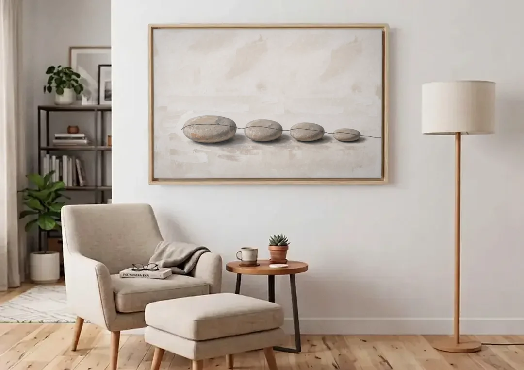 Zen Stones Painting on a Fine Thread canvas wall art above an armchair in a bright living room