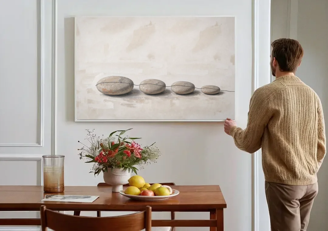 Zen Stones Painting on a Fine Thread canvas wall art above a dining table