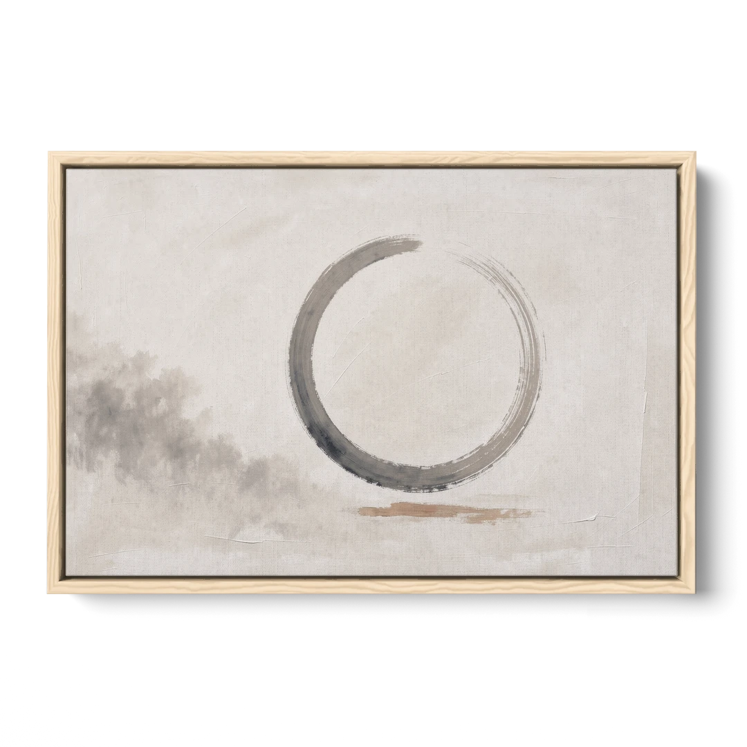 Zen Wall Art Open Ink Circle with Cedar Smudge - Oak Framed Canvas Wall Art - Front