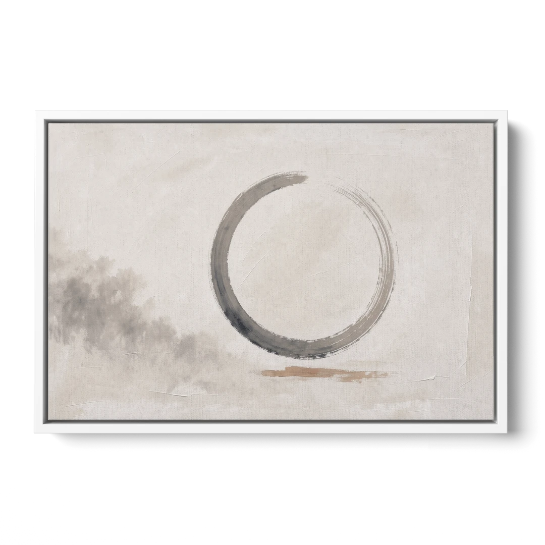 Zen Wall Art Open Ink Circle with Cedar Smudge - White Framed Canvas Wall Art - Front