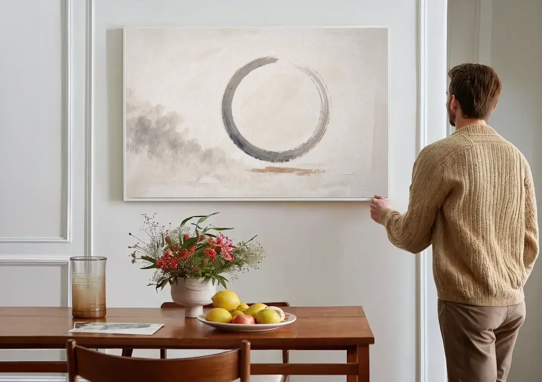 Zen Wall Art Open Ink Circle with Cedar Smudge canvas wall art above a dining table