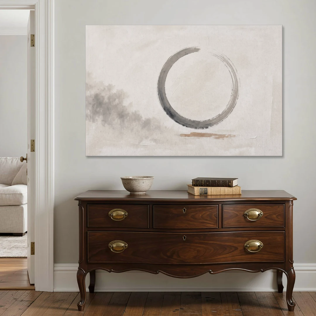 Zen Wall Art Open Ink Circle with Cedar Smudge - Canvas Wall Art - Coffee Table - 60x40