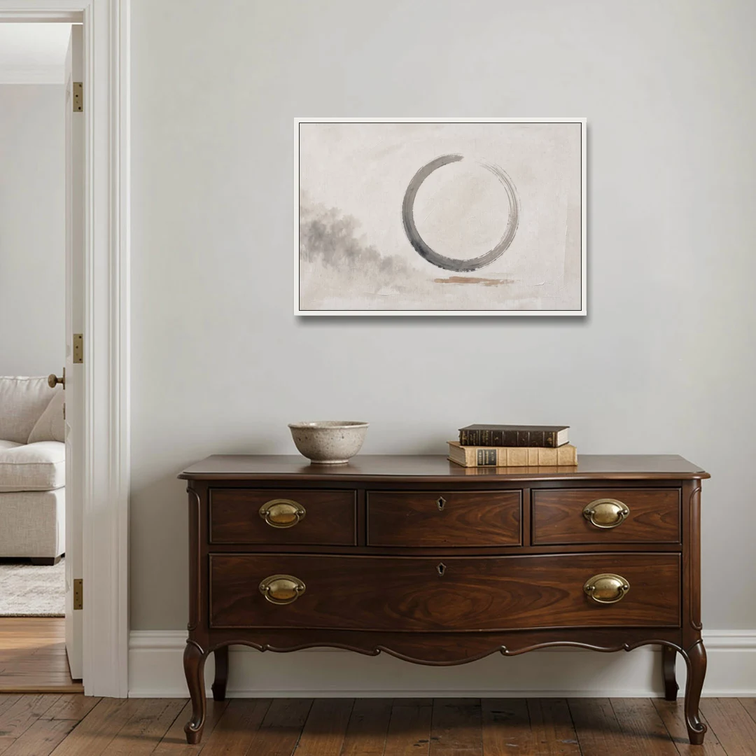 Zen Wall Art Open Ink Circle with Cedar Smudge - White Framed Canvas Wall Art - Coffee Table - 36x24