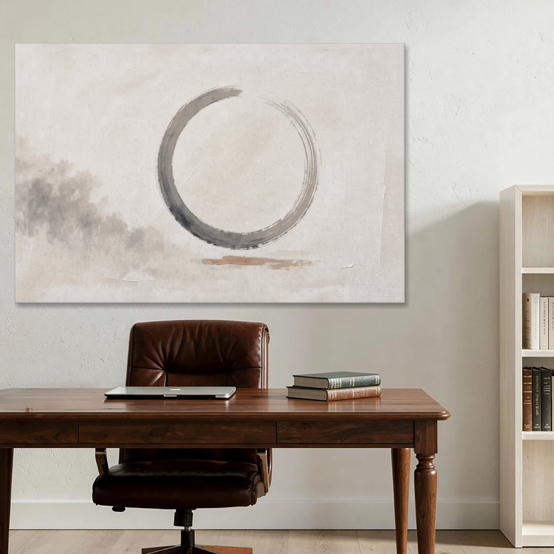 Zen Wall Art Open Ink Circle with Cedar Smudge - Canvas Wall Art - Office - 60x40