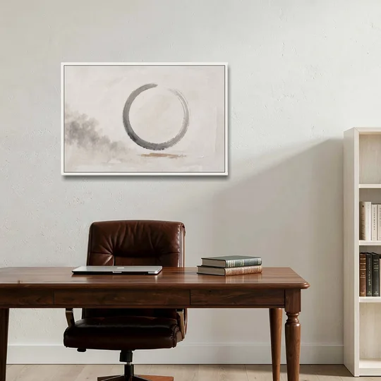 Zen Wall Art Open Ink Circle with Cedar Smudge - White Framed Canvas Wall Art - Office - 36x24
