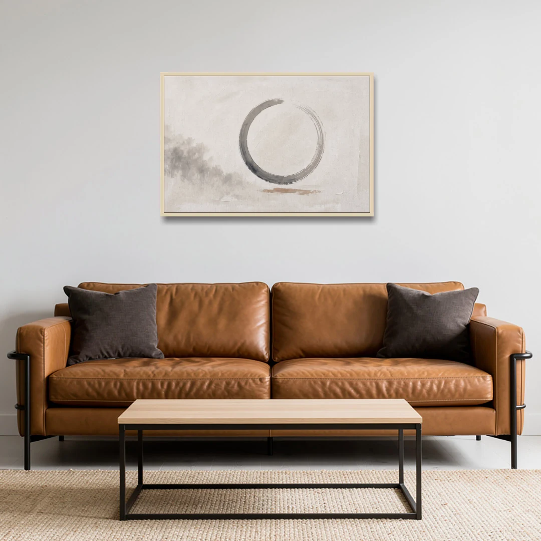 Zen Wall Art Open Ink Circle with Cedar Smudge - Oak Framed Canvas Wall Art - Sofa - 36x24