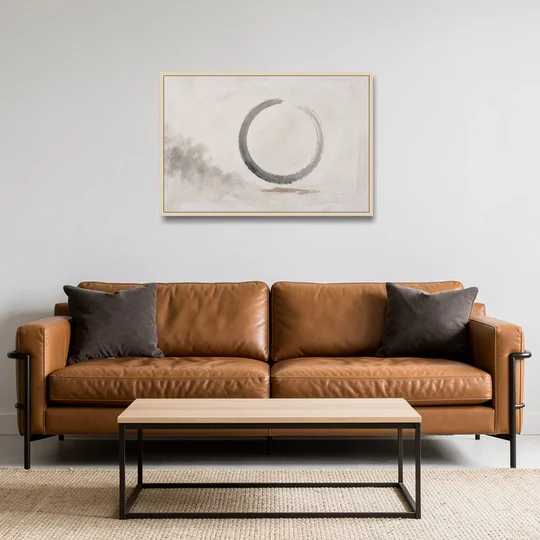 Zen Wall Art Open Ink Circle with Cedar Smudge - Oak Framed Canvas Wall Art - Sofa - 36x24