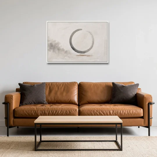 Zen Wall Art Open Ink Circle with Cedar Smudge - White Framed Canvas Wall Art - Sofa - 36x24